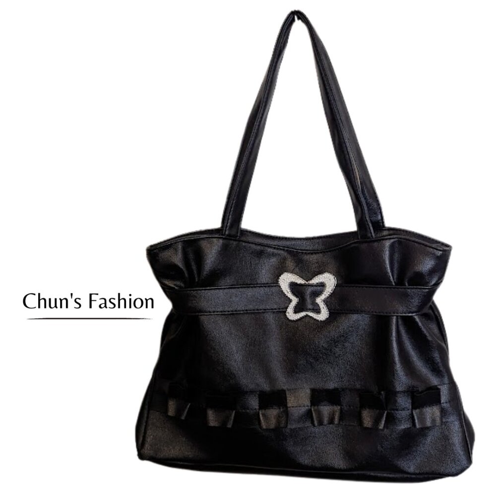 Women's Black Vegan Faux Leather Butterfly Bling & Ruffle Shoulder Bag SZ Medium